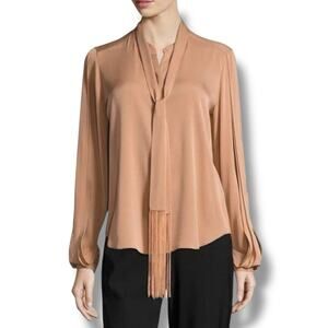 Kobi Halpern Tara Blouse Silk Women Sz Large Long Sleeve Fringed Tie Neck Copper